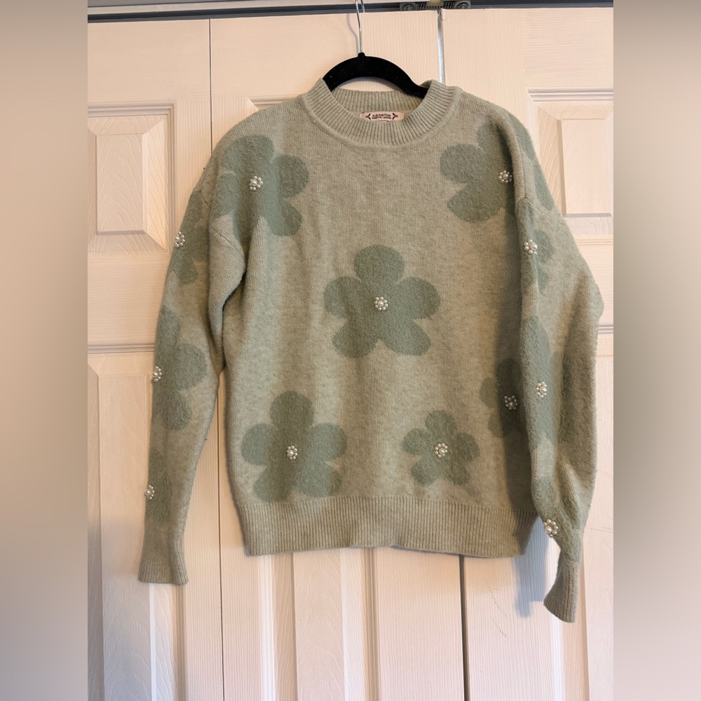 Nanette Lepore Mint Green Floral Pearl-Accent Crewneck Sweater